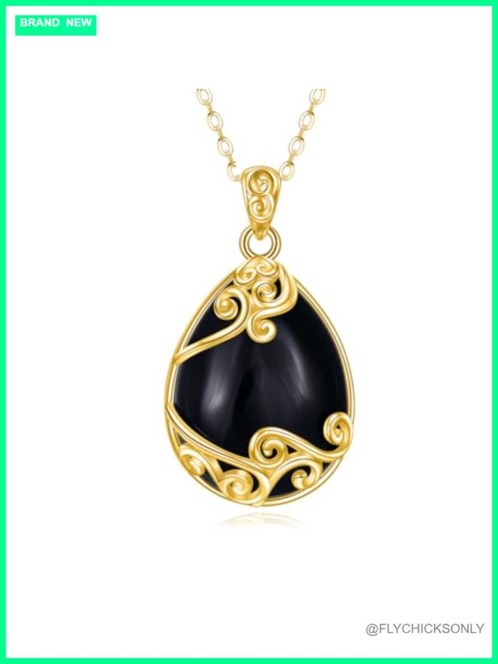 Black Onyx Teardrop Pendant Necklace Sterling Silver 18K Yellow Gold Plated